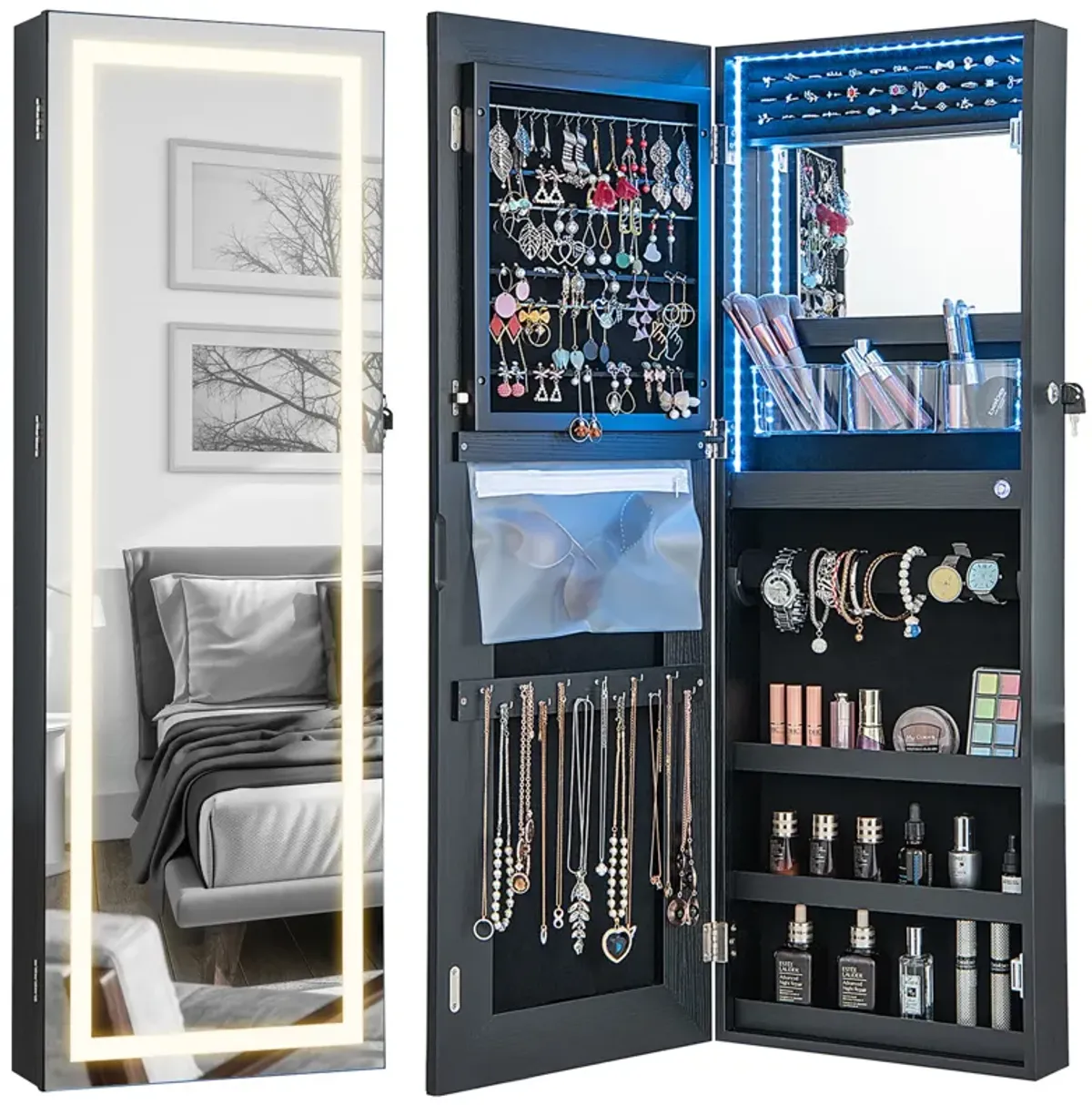 42.5 Inches Lockable Jewelry Mirror Wall Cabinet with 3-Color LED Lights-Black