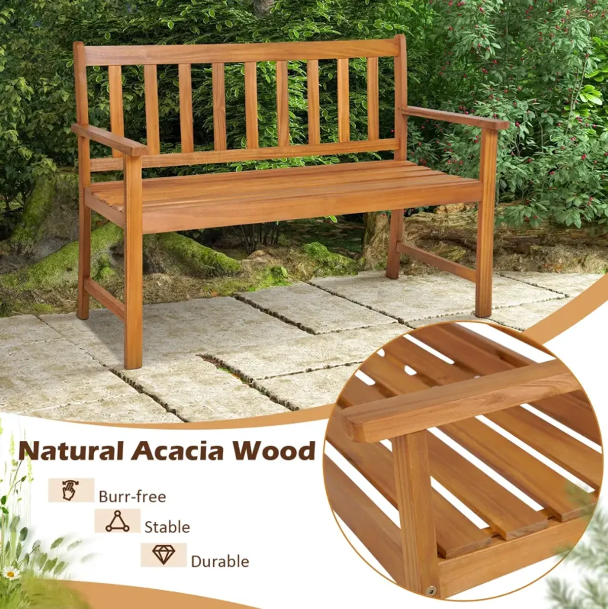 2-Person Patio Acacia Wood Bench with Backrest and Armrests