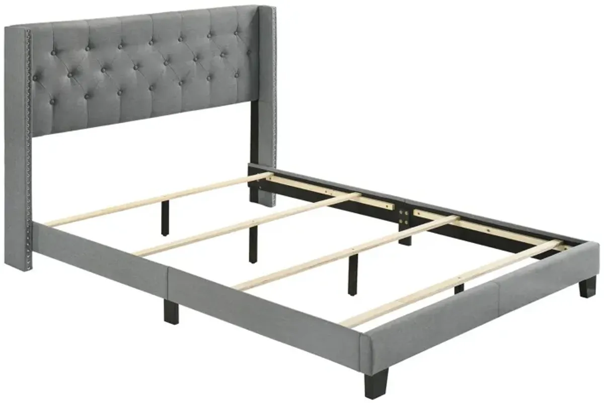 Lih Modern Wingback Queen Bed, Button Tufted Headboard, Nailhead Trim, Gray - Benzara