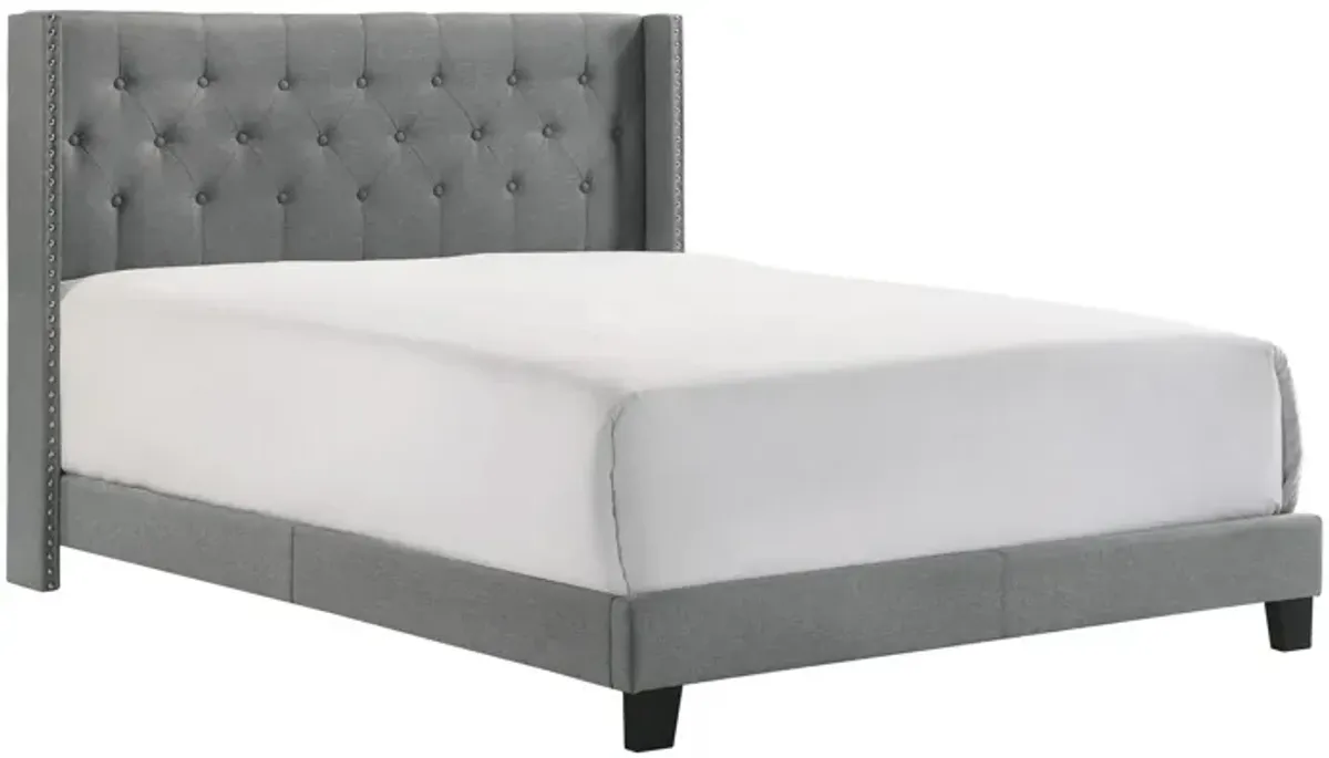 Lih Modern Wingback Queen Bed, Button Tufted Headboard, Nailhead Trim, Gray - Benzara