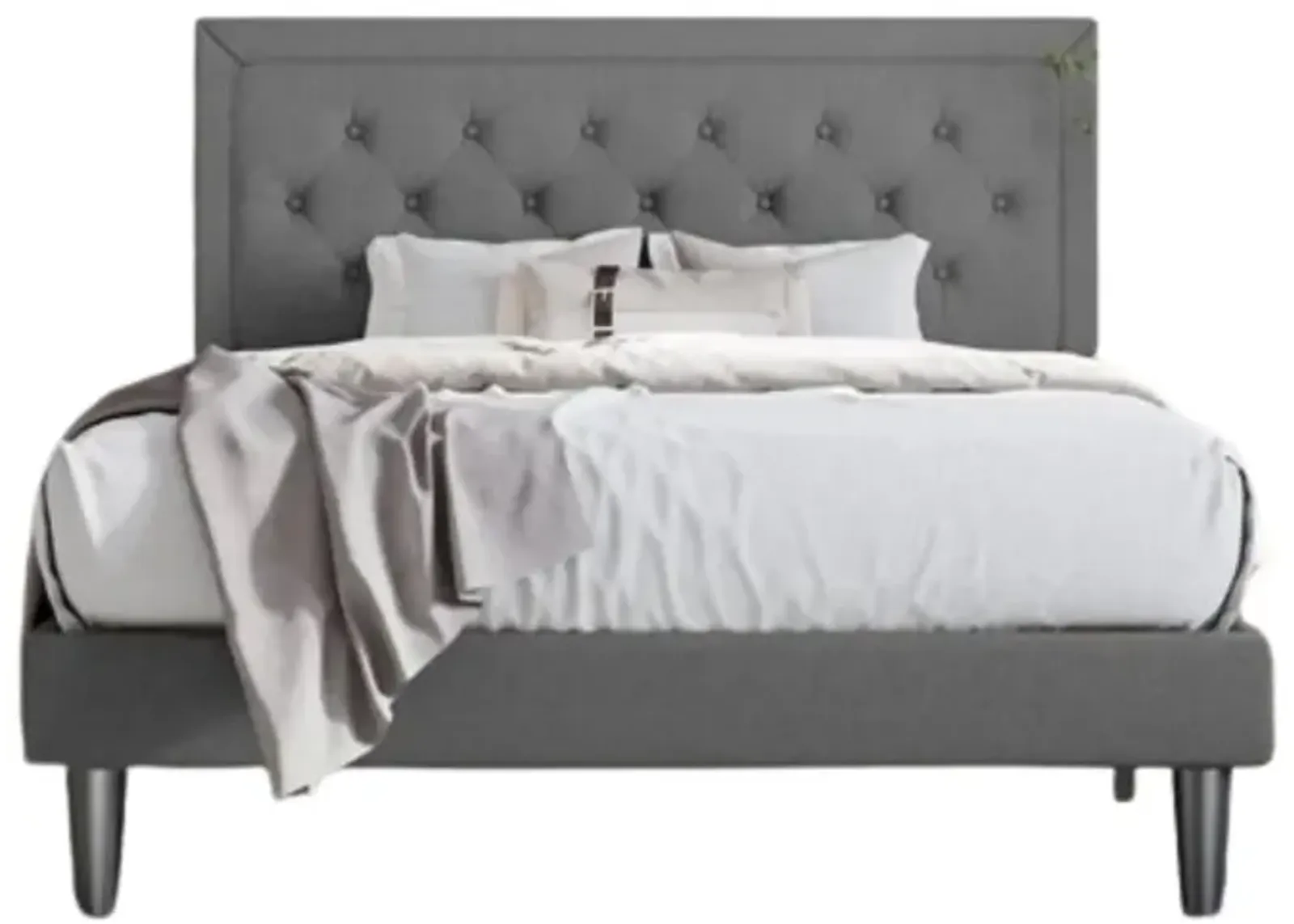 Hivvago King Size Dark Grey Linen Upholstered Platform Bed with Button Tufted Headboard