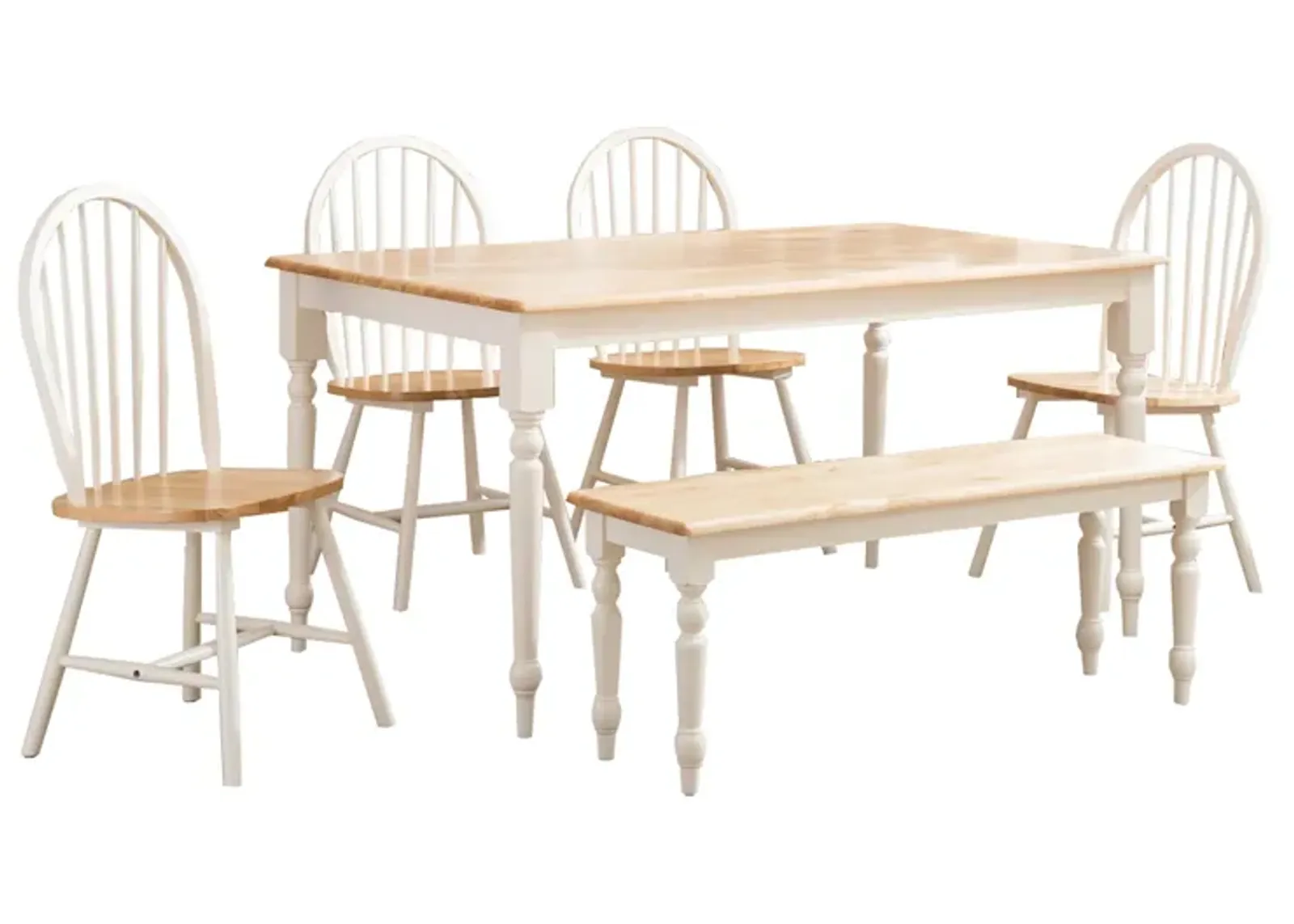 6 Piece Farmhouse Wooden Dining Set, White and Brown-Benzara