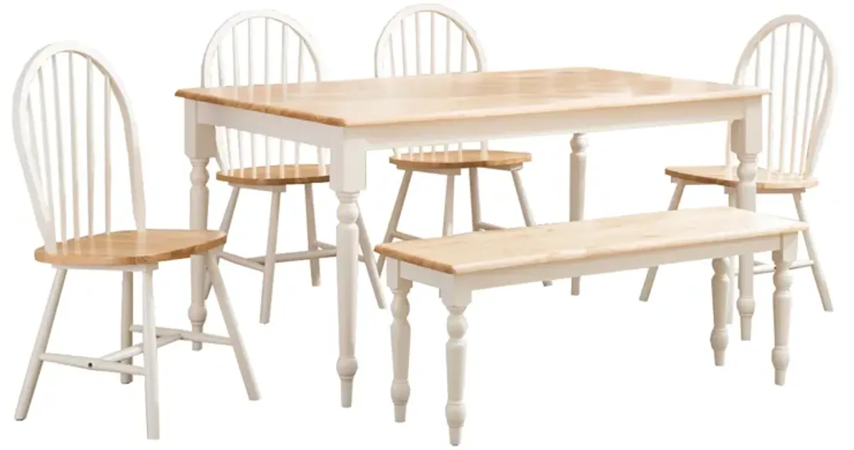 6 Piece Farmhouse Wooden Dining Set, White and Brown-Benzara