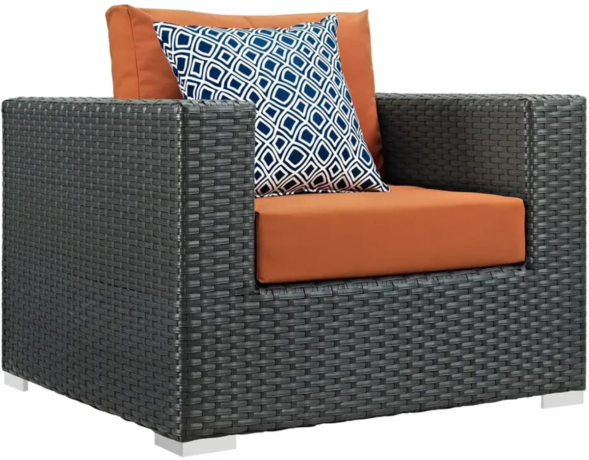 Sojourn Outdoor Patio Furniture Set - Sunbrella Cushions, Synthetic Rattan, UV Protection, Aluminum Frame - Coffee Table, Loveseat, Armchairs, Ottomans, Side Tables