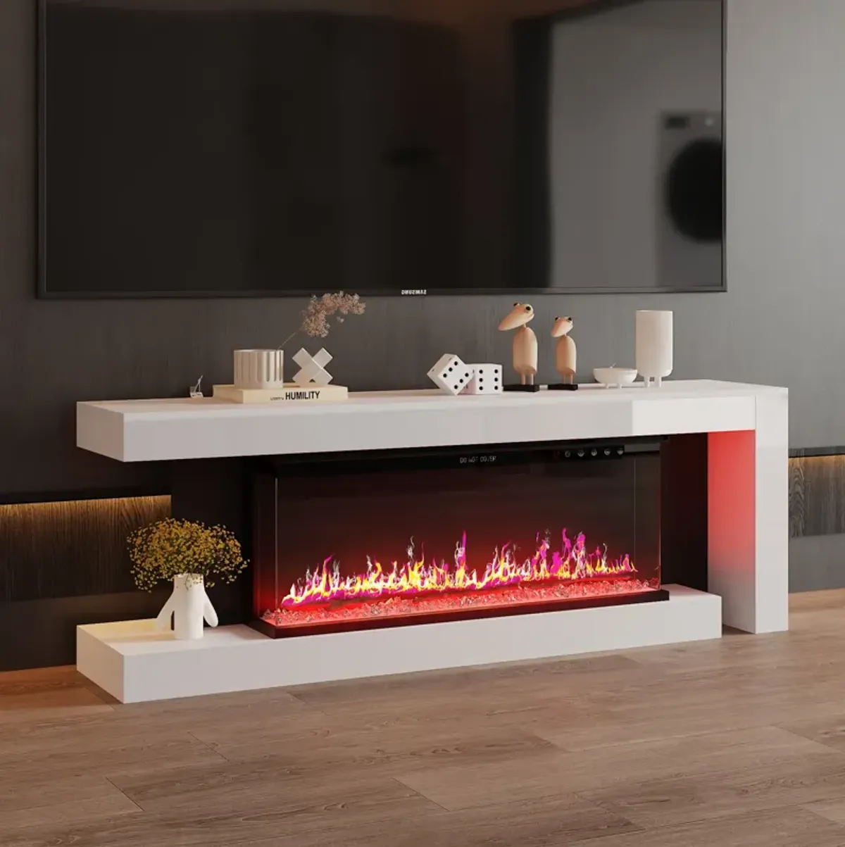 FUFU&GAGA Modern White and Black TV Stand with High-Gloss Front (66.9" W x 13.8" D x 23.6" H), White/Black