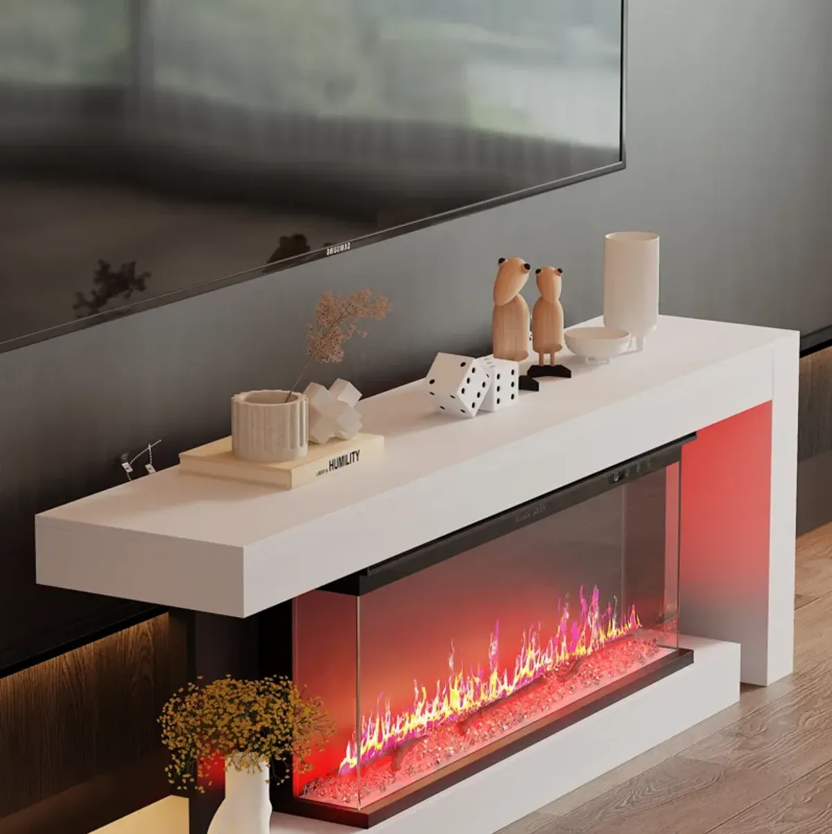 FUFU&GAGA Modern White and Black TV Stand with High-Gloss Front (66.9" W x 13.8" D x 23.6" H), White/Black