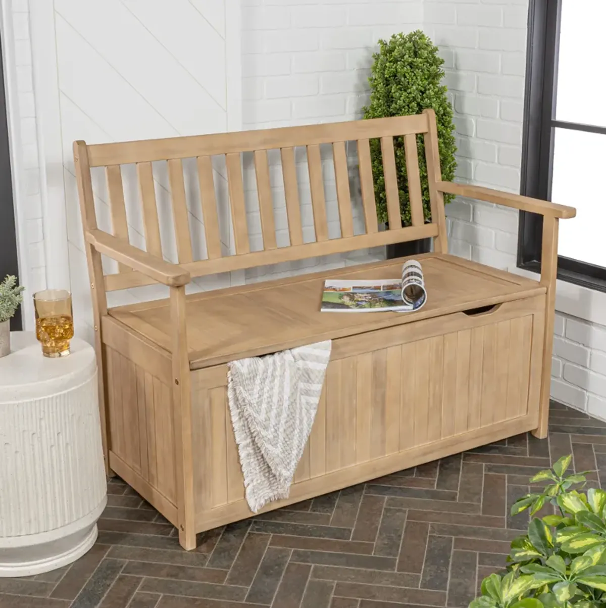 Sophie Traditional Farmhouse Lift-Top Acacia Wood Storage & Entry Bench