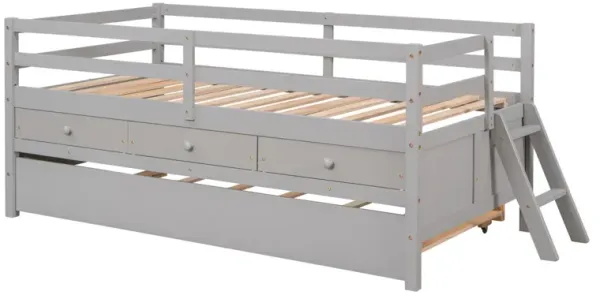 Low Loft Bed Twin Size With Full Safety Fence, Climbing Ladder, Storage Drawers And Trundle