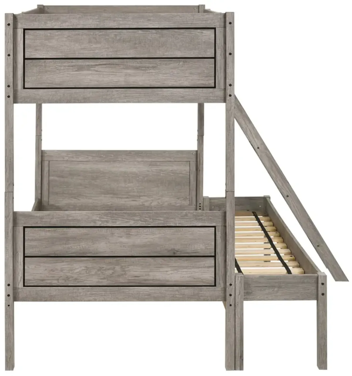 Twin over Full Bunk Bed Set, Slatted Guard Rails, Weathered Taupe Wood - Benzara