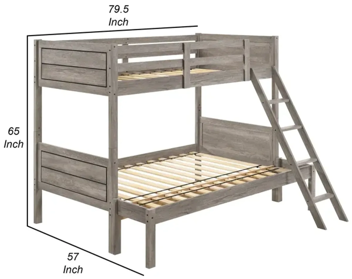 Twin over Full Bunk Bed Set, Slatted Guard Rails, Weathered Taupe Wood - Benzara