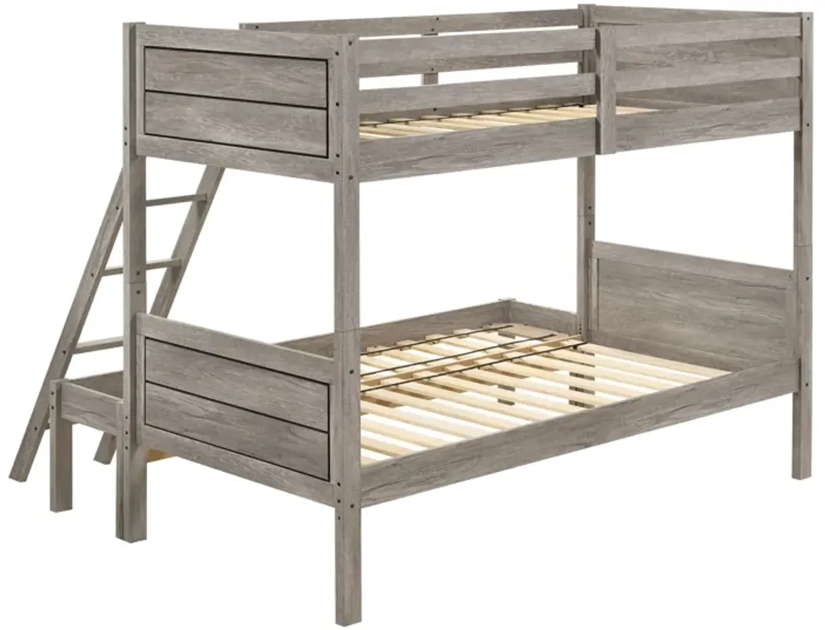 Twin over Full Bunk Bed Set, Slatted Guard Rails, Weathered Taupe Wood - Benzara