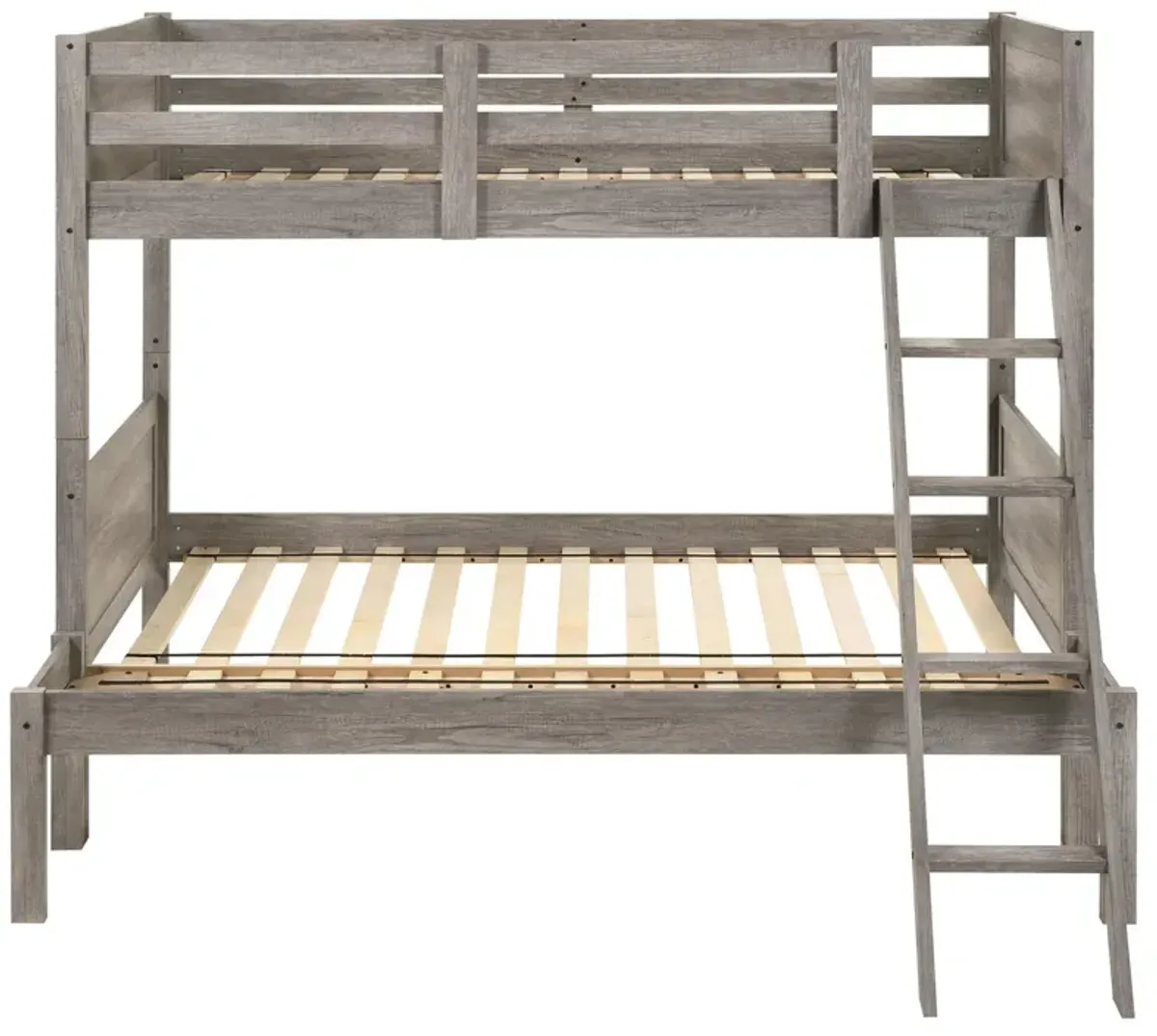 Twin over Full Bunk Bed Set, Slatted Guard Rails, Weathered Taupe Wood - Benzara