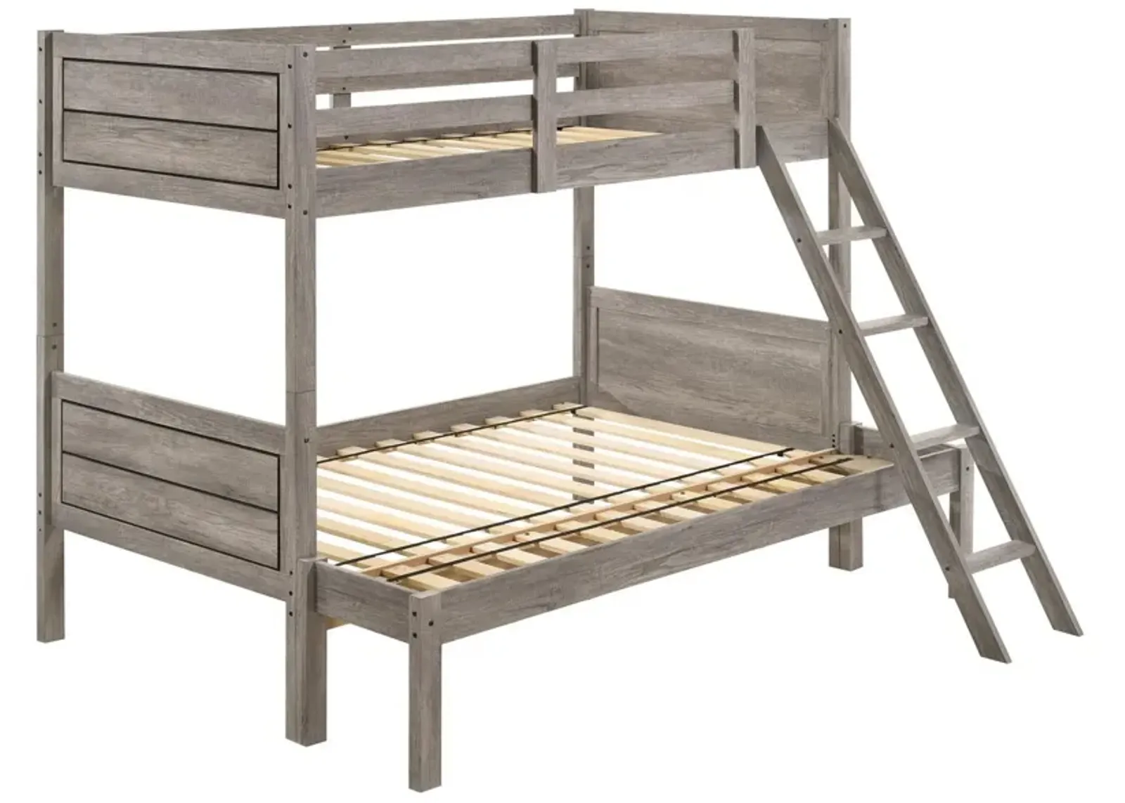 Twin over Full Bunk Bed Set, Slatted Guard Rails, Weathered Taupe Wood - Benzara