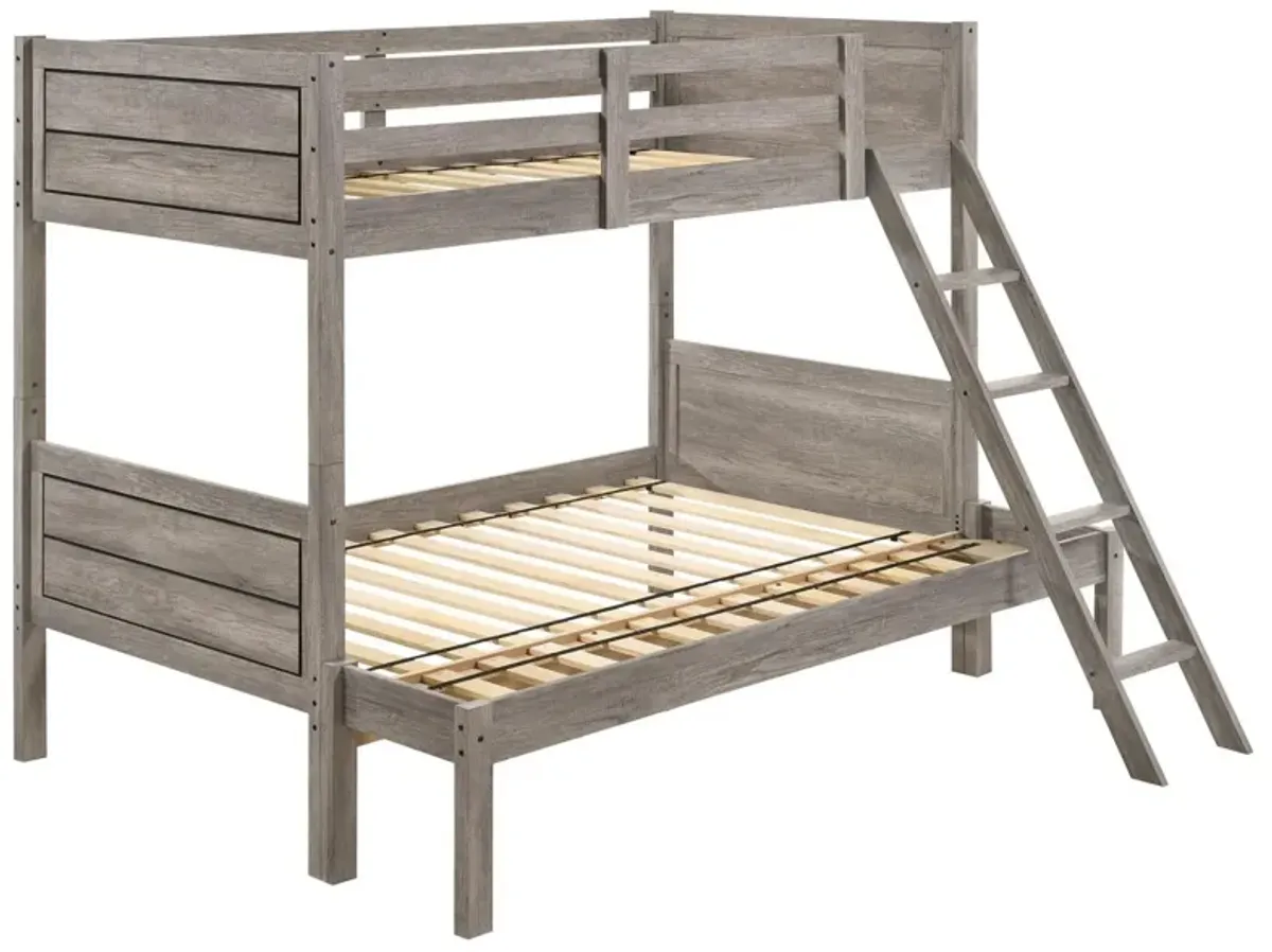 Twin over Full Bunk Bed Set, Slatted Guard Rails, Weathered Taupe Wood - Benzara