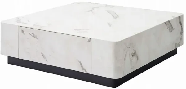 Ritzy Coffee Table, Modern Plinth, White Faux Marble, 47 Inch Square - Benzara