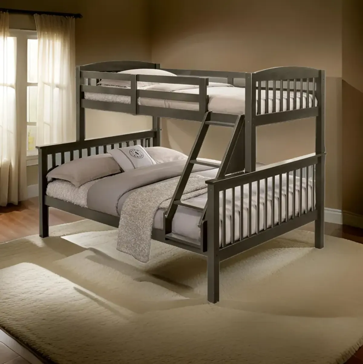 Bruke Twin/Full Size Bunk Bed with Ladder, Slatted Gray Solid Hardwood