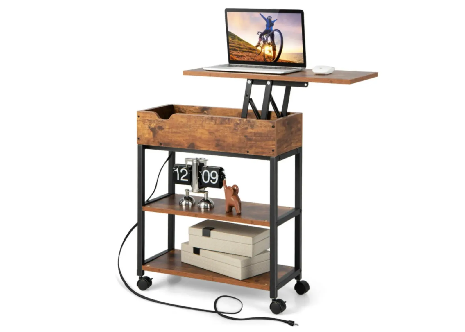 Hivvago Lift Top End Table with Charging Station and Universal Wheels-Rustic Brown