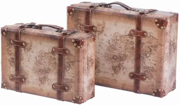 Old World Map Leather Vintage Style Suitcase with Straps, Set of 2
