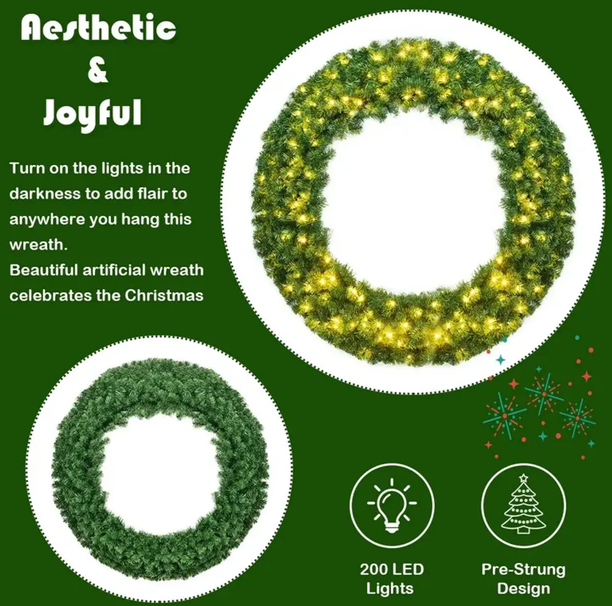 48 Inch Pre-lit Cordless Artificial Christmas Wreath