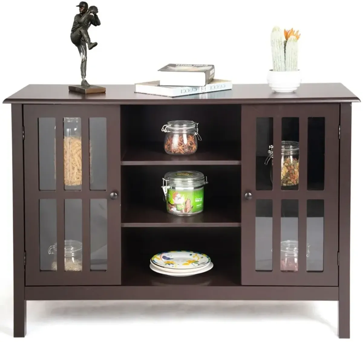 Wood Sofa Tale Console Cabinet with Tempered Glass Panel Doors