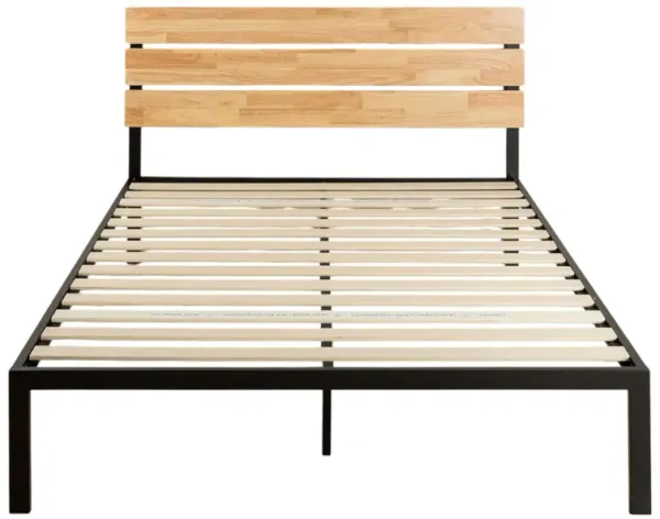 Modern Metal Platform Bed Frame with Wood Headboard and Slats