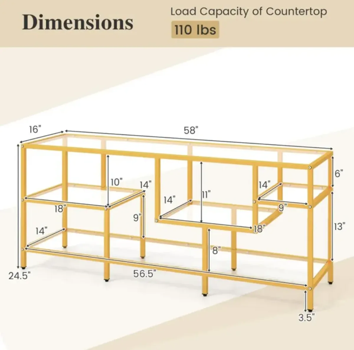 Hivvago 58 Inch TV Console Table with Tempered Glass Shelves for Living Room-Gold