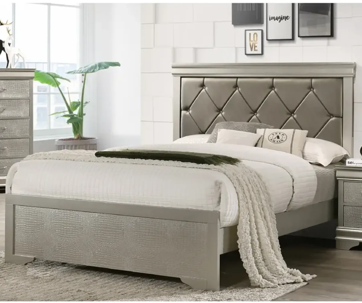 Beige Champagne Finish Queen Panel Bed with Crocodile Texture PU Headboard