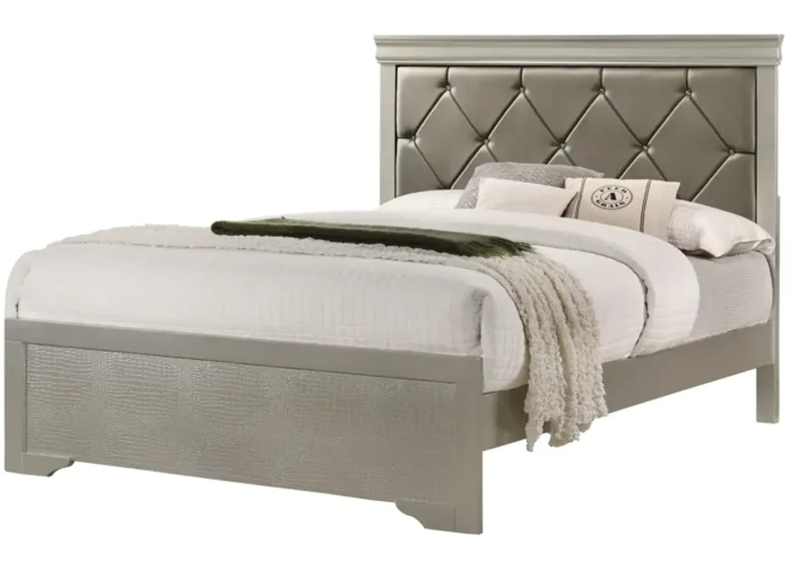 Beige Champagne Finish Queen Panel Bed with Crocodile Texture PU Headboard