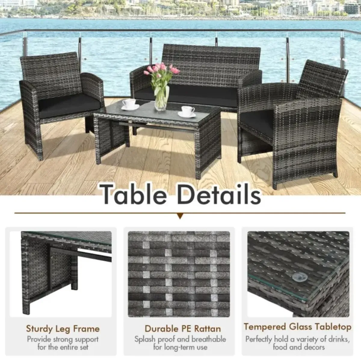 Hivvago 4 Pieces Patio Rattan Furniture Set with Glass Table and Loveseat