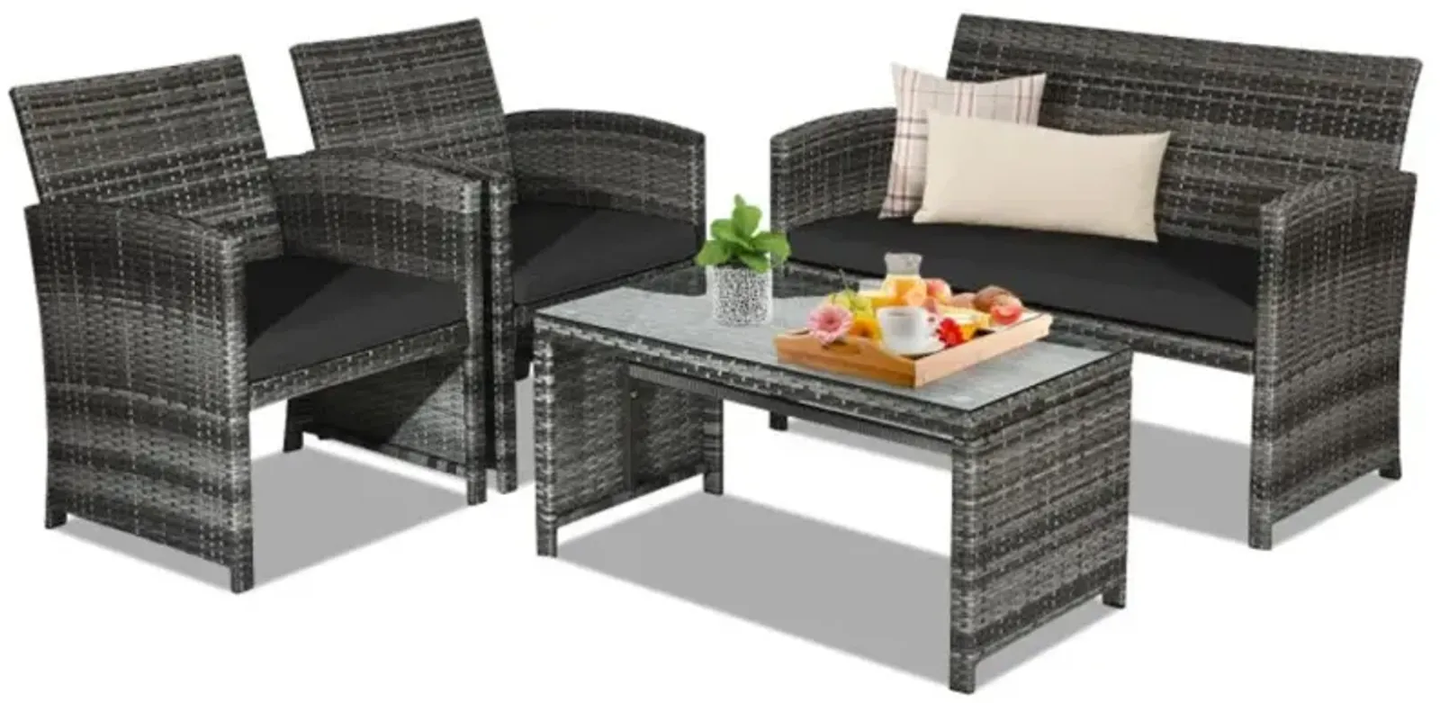 Hivvago 4 Pieces Patio Rattan Furniture Set with Glass Table and Loveseat