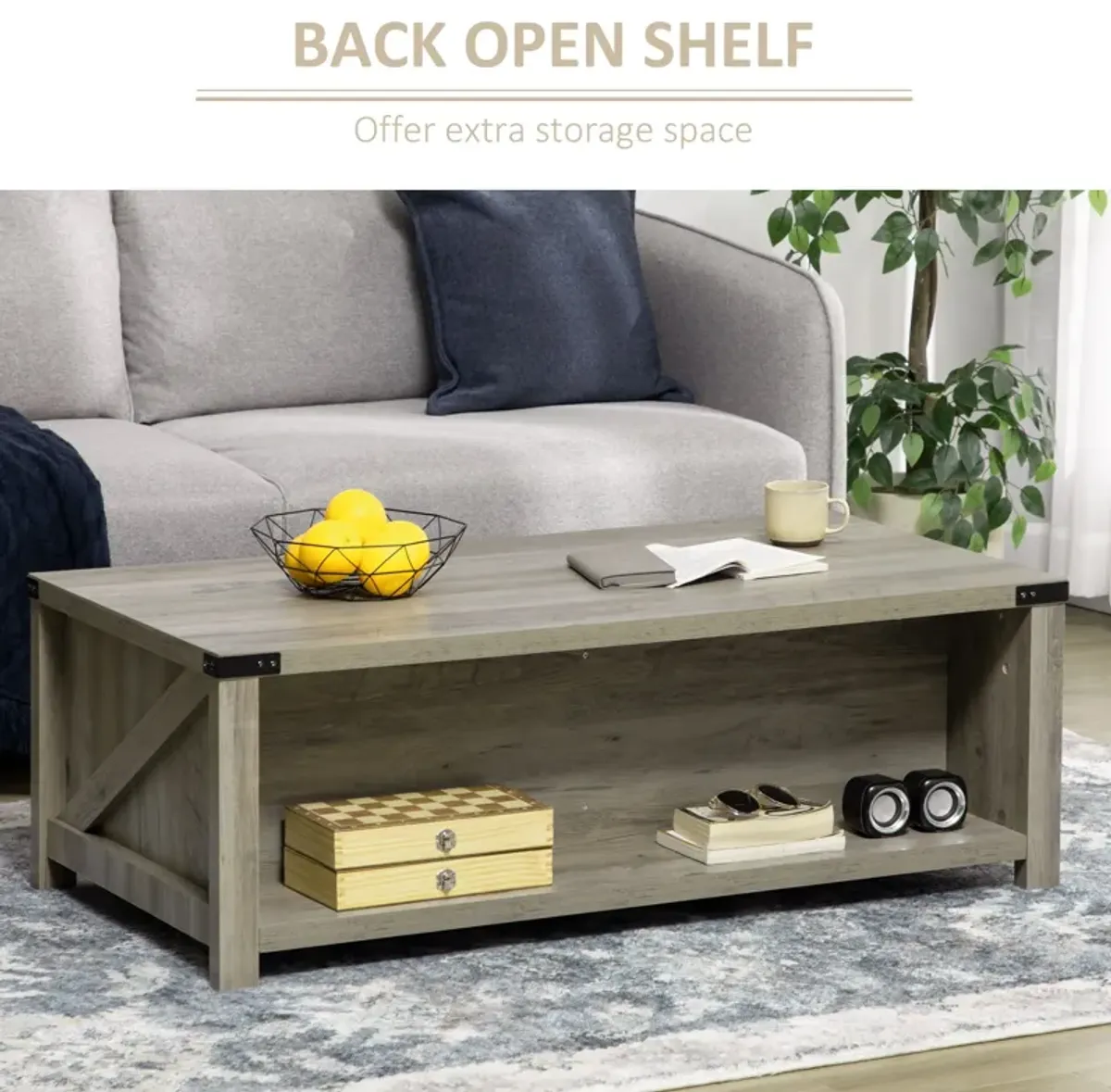 Gray Oak Living Room Table: Rustic Coffee Table with Drawer & Open Shelf