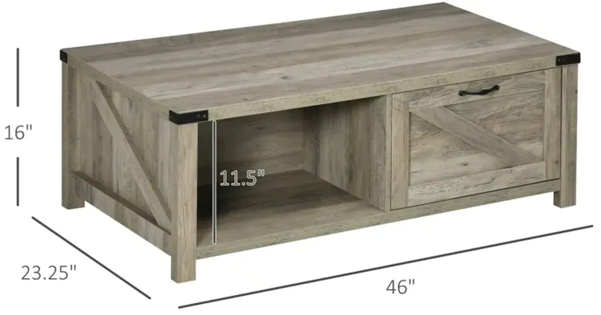 Gray Oak Living Room Table: Rustic Coffee Table with Drawer & Open Shelf