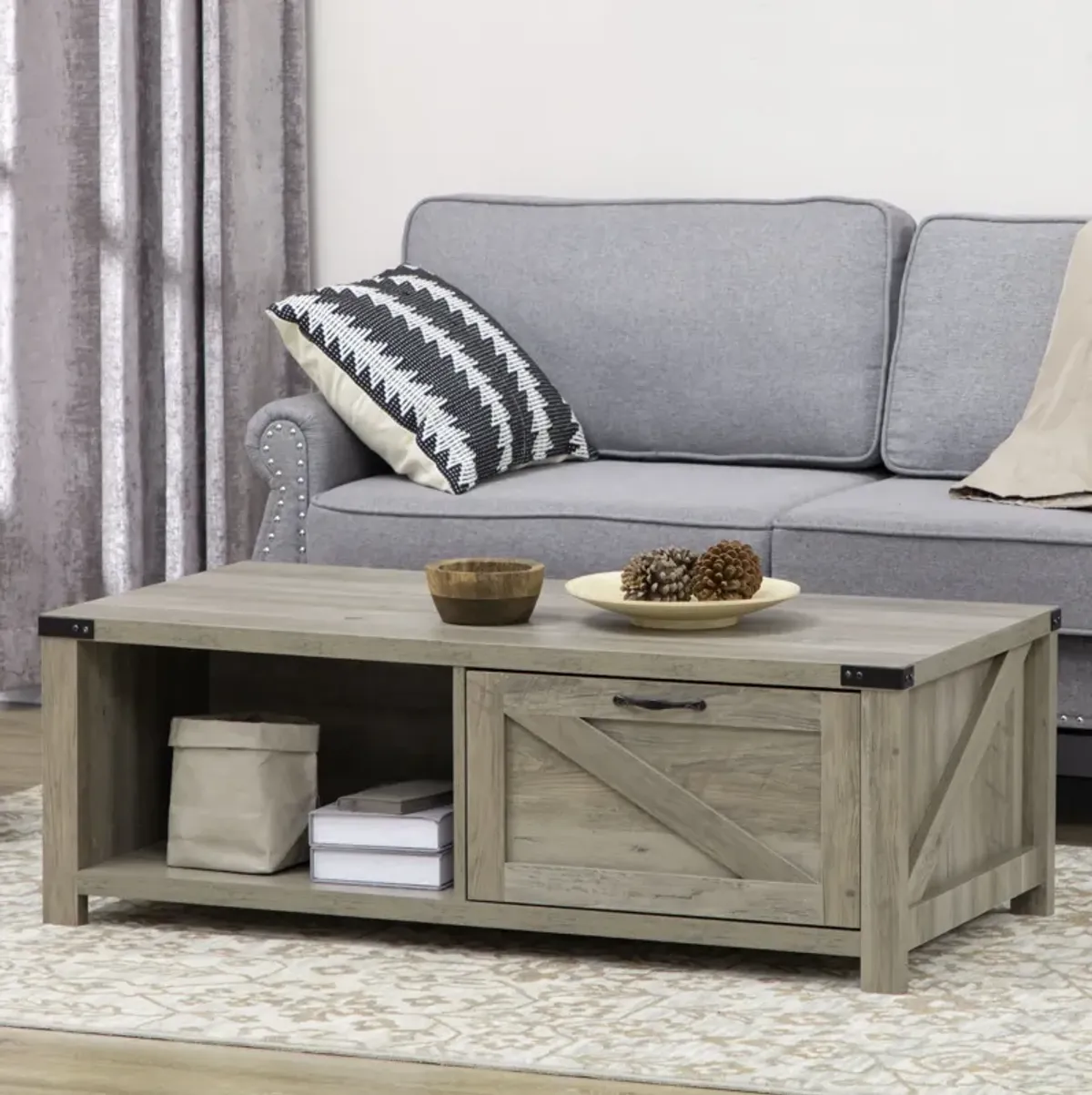 Gray Oak Living Room Table: Rustic Coffee Table with Drawer & Open Shelf