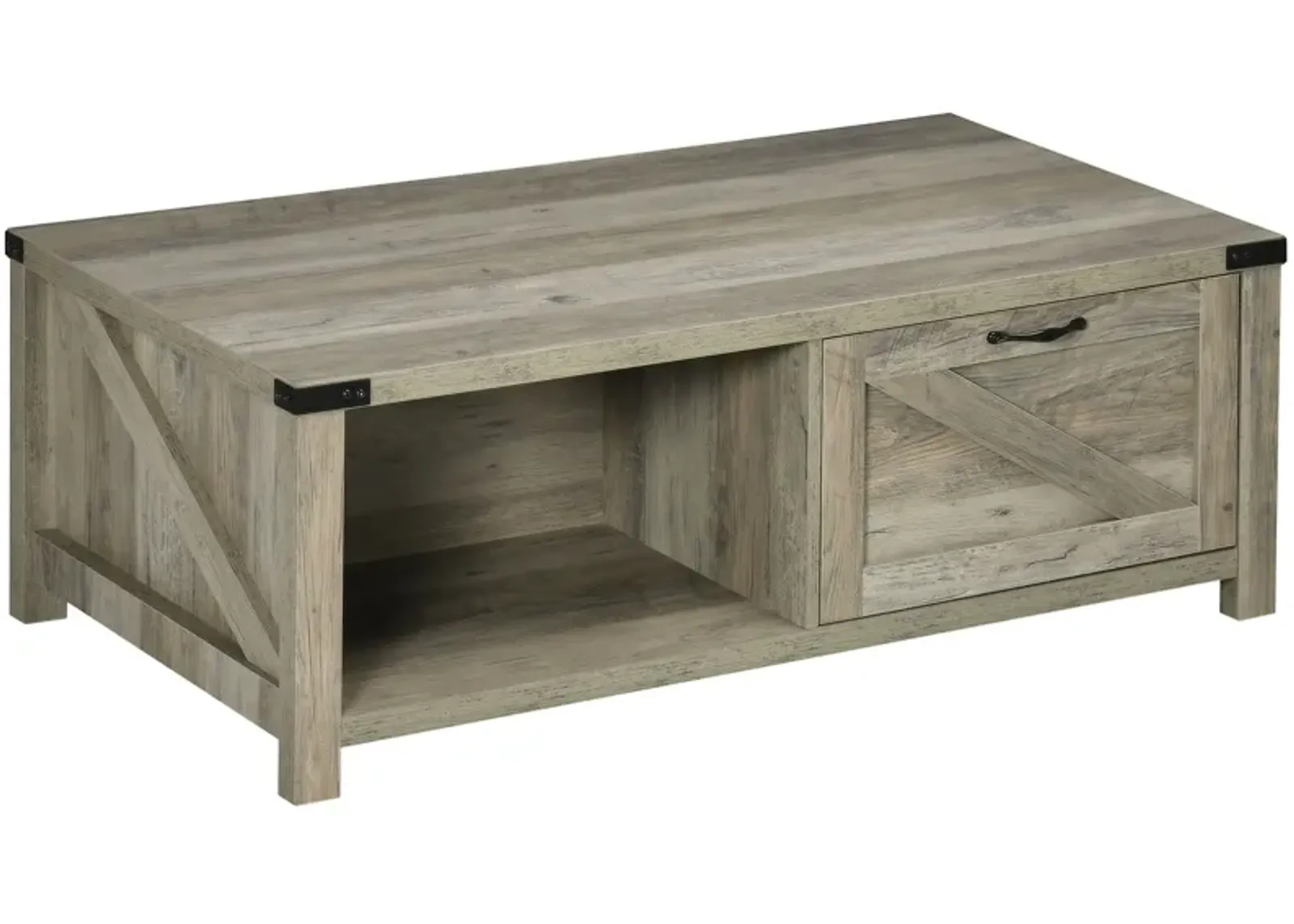 Gray Oak Living Room Table: Rustic Coffee Table with Drawer & Open Shelf