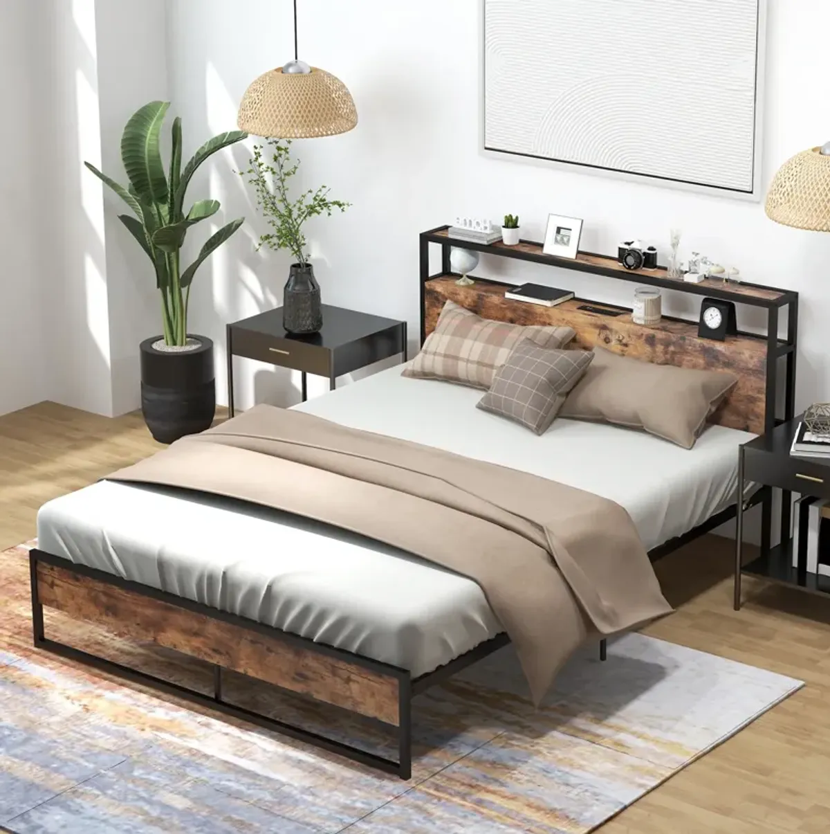 Bed Frame with 2-Tier Storage Headboard and Charging Station