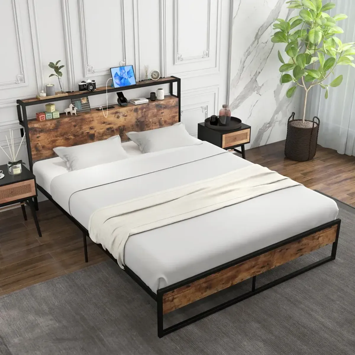 Bed Frame with 2-Tier Storage Headboard and Charging Station