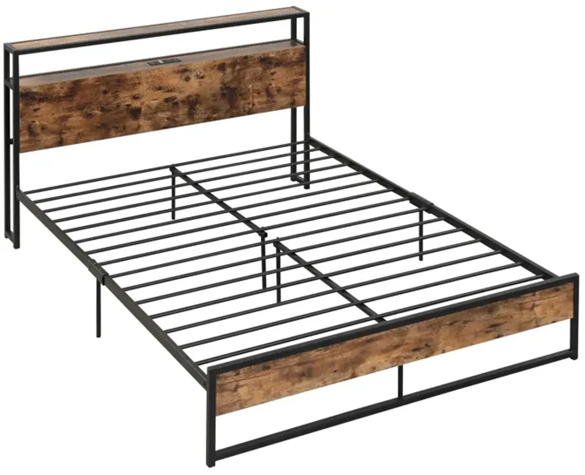 Bed Frame with 2-Tier Storage Headboard and Charging Station