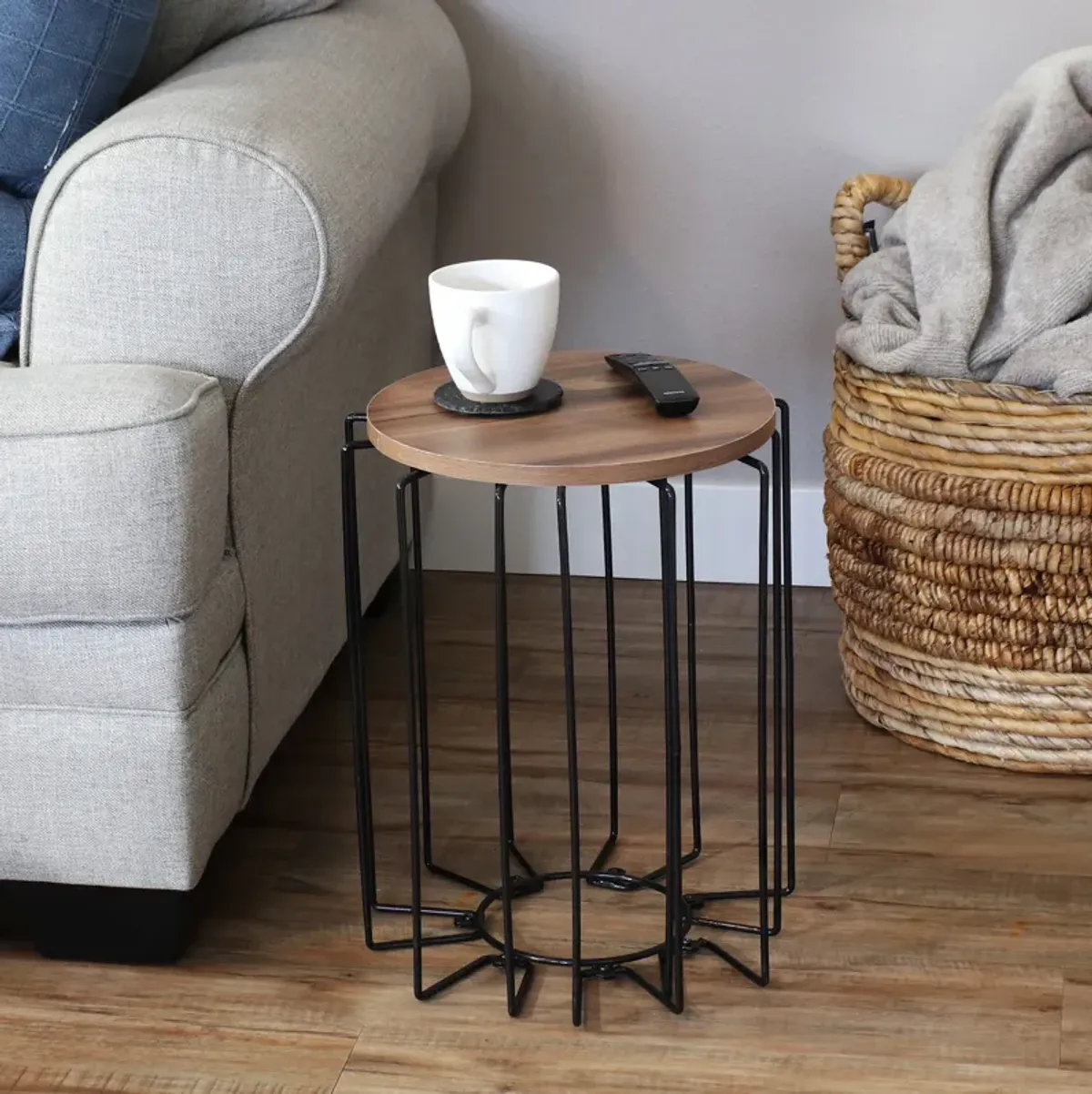 Sunnydaze Steel Wire End Table with Faux Woodgrain Tabletop