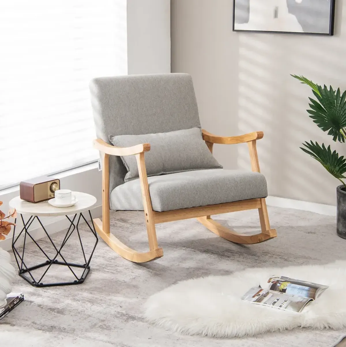 Upholstered Rocking Chair with Pillow and Rubber Wood Frame-Grey