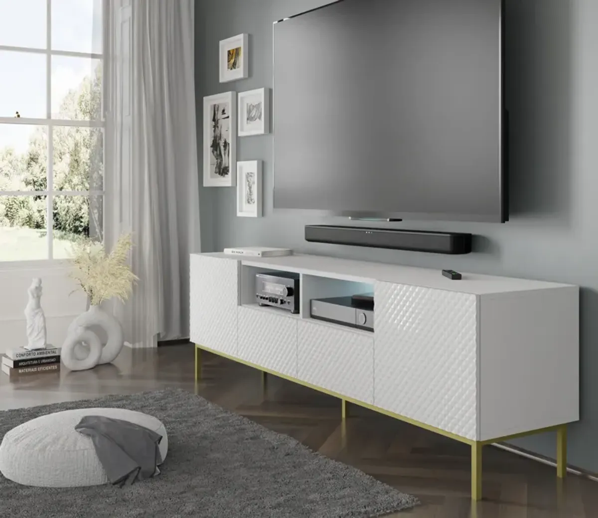 TV Stand RAVENNA B 79'' 2D2S Milled MDF Fronts White Matt with LED