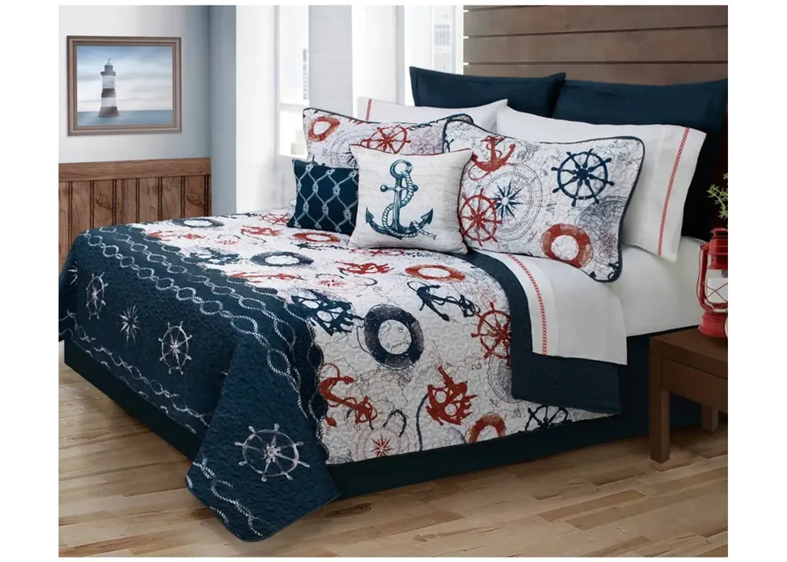 QuikFurn King Size Modern Coastal Anchor Polyester Reversible Quilt Set