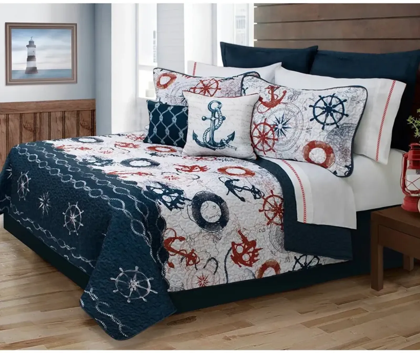 QuikFurn King Size Modern Coastal Anchor Polyester Reversible Quilt Set