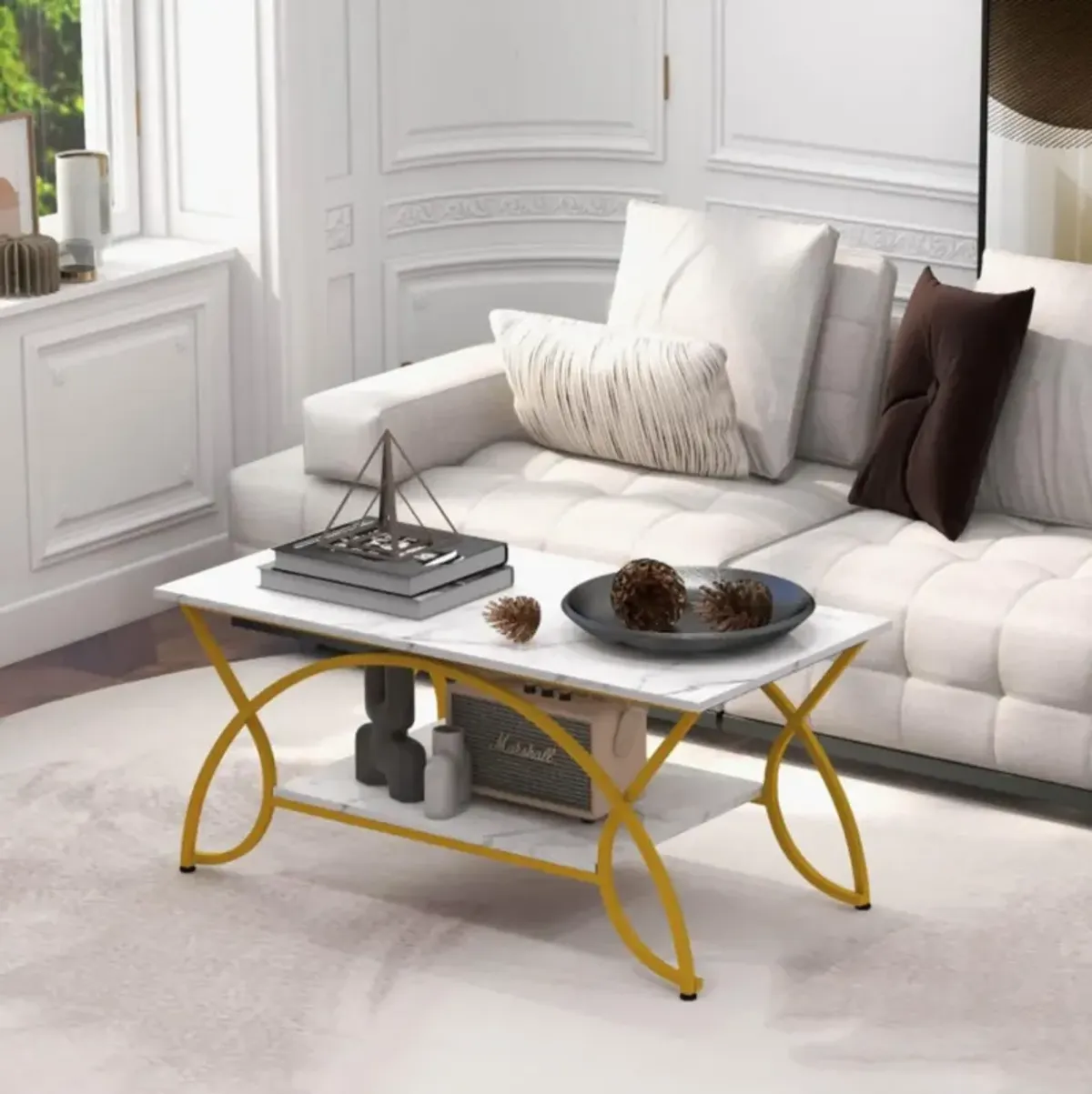 Hivvago 2-Tier Faux Marble Coffee Table with Marble Top and Metal Frame