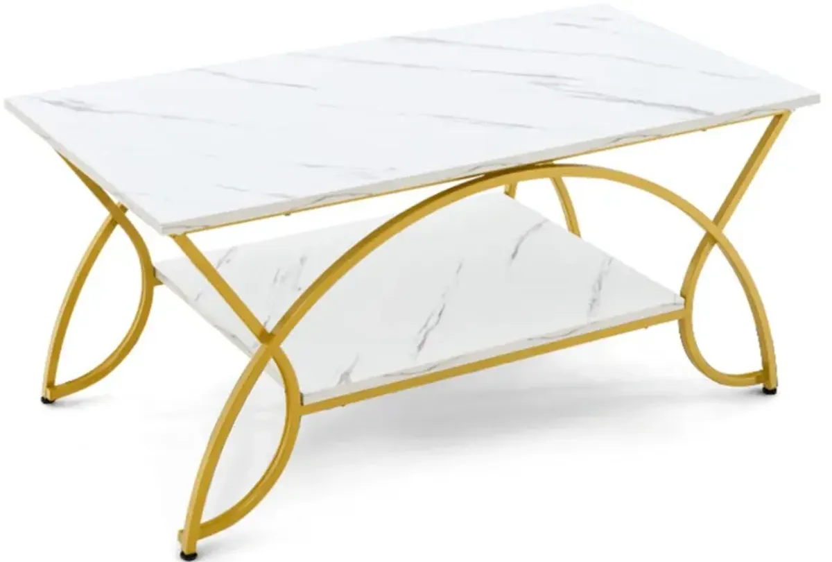 Hivvago 2-Tier Faux Marble Coffee Table with Marble Top and Metal Frame