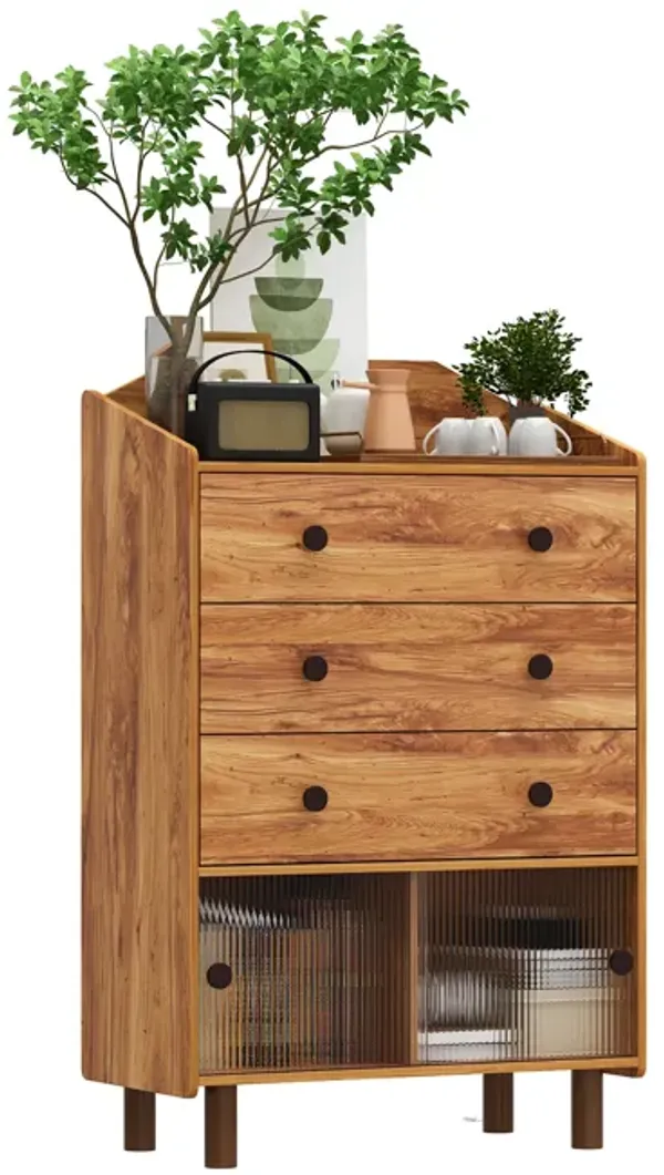 FUFU&GAGA Entryway Storage Cabinet with 3 Drawers & 2 Sliding Fluted Glass Doors, Accent Light, Wood Grain Finish, (31.5" W x 15.7" D x 49.4" H ), Brown