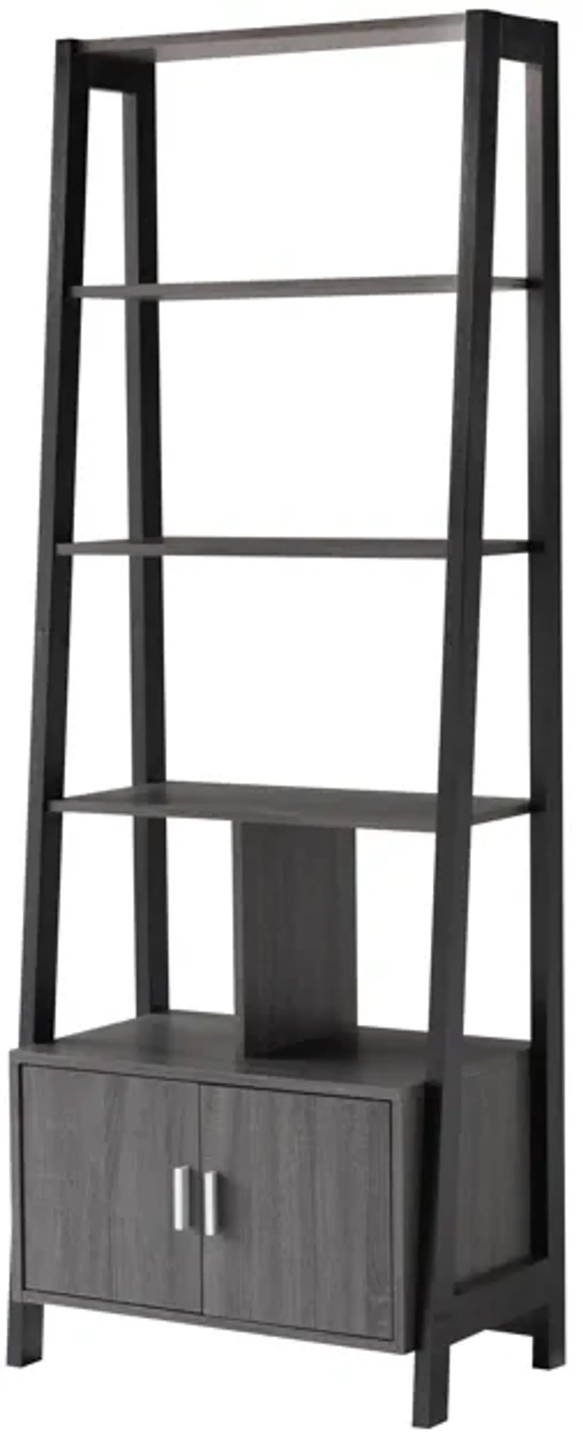 70 Inch Ladder Bookcase with Double Door Cabinet, 3 Shelves, Gray, Black - Benzara