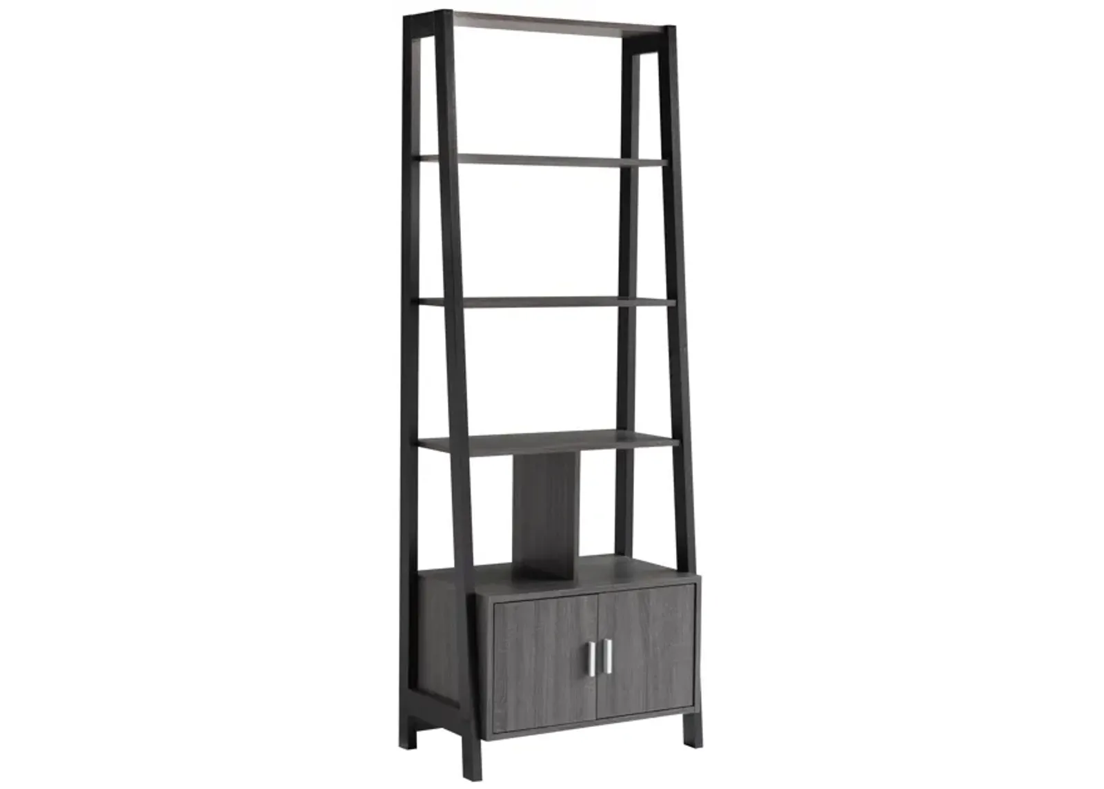 70 Inch Ladder Bookcase with Double Door Cabinet, 3 Shelves, Gray, Black - Benzara