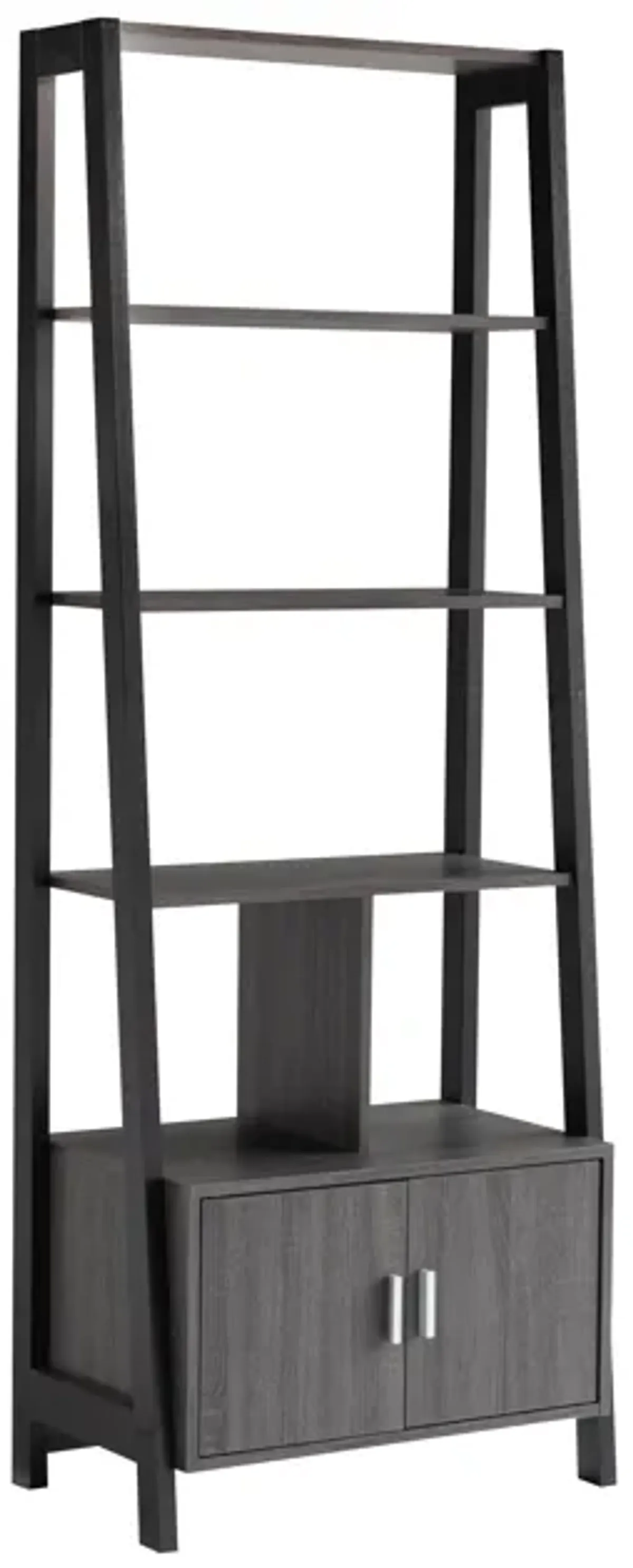 70 Inch Ladder Bookcase with Double Door Cabinet, 3 Shelves, Gray, Black - Benzara