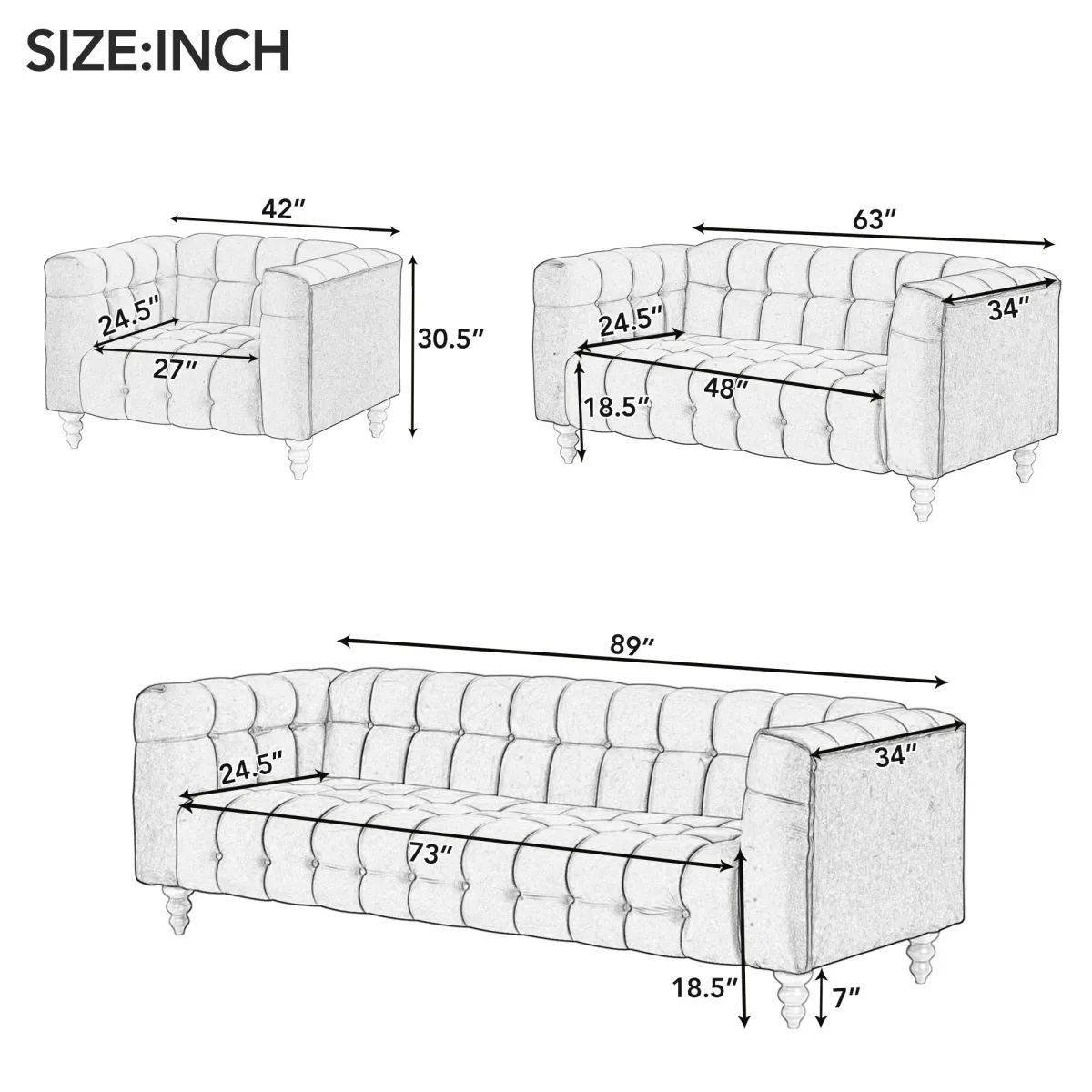 Modern Upholstered Sofa with Buttoned Tufted Backrest