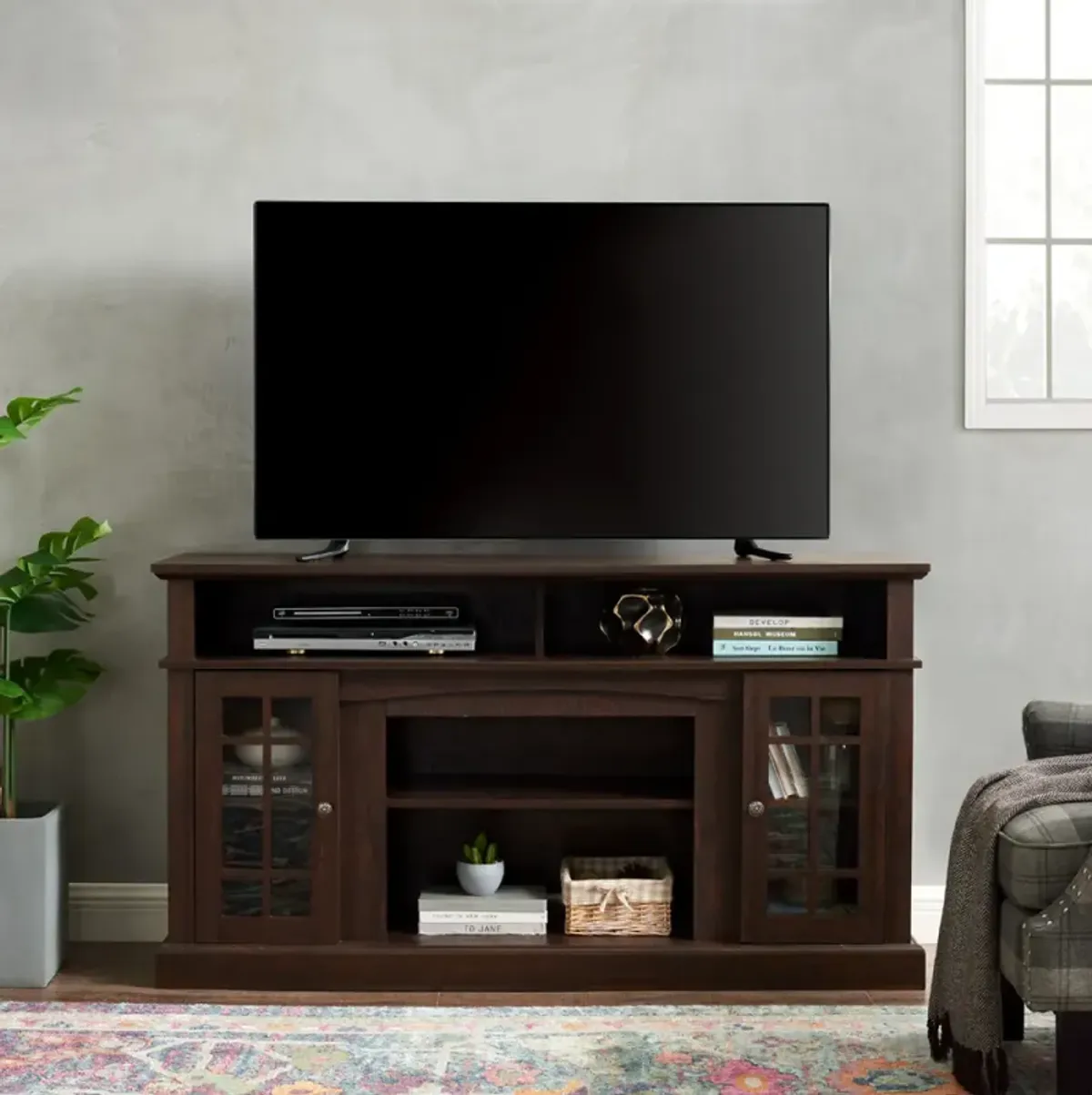 Modern 65" TV Stand with Open/Closed Storage, Espresso